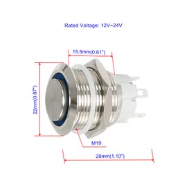 Ohamtes Latching Push Button Switch 12V 24V Waterproof Stainless Steel Metal 3/4" Mounting Hole Blue LED SPST Switch for Electrical Equipment, 2 Pcs, High Round