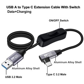 YINGAYOU USB to Type C Cable 90 Degree with Switch High Speed USB C 3.2 Cable10Gbps Data Transfer Fast Charging 60W 3A, for Laptops, PC, Phone, Car (Black, 2FT / 0.6 m)