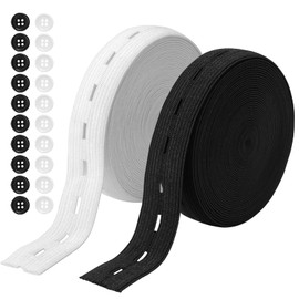 Wide Elastic for Sewing with Button Holes, 2 Rolls Waistband elastic, Polyester and Rubber Trouser Adjuster Reducer, 1 inch Elastic-for-Sewing with 20 Buttons, ElasticStrap for Belt Trouser Cord