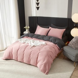 Boqingzhu Cotton Bed Linen 135 x 200 cm Pink Dusky Pink Grey Plain Aesthetic Reversible Bedding Set Duvet Cover 135 x 200 cm and 1 Pillowcase 80 x 80 cm with Zip