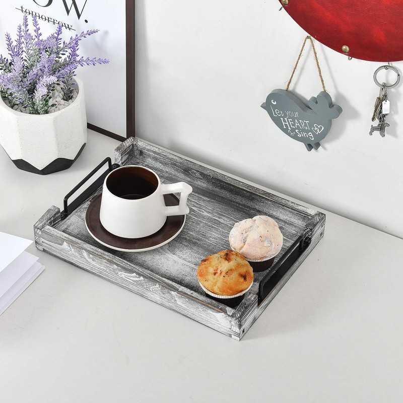 VERGOODR Country Rustic Torched Wood Nesting Breakfast Serving Trays with