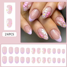 RUPOFUZA Flower Press on Nails Short Almond French Tip Press ons Nude Pink Full Cover Glue on Fake Nails wite Colorful Flowers Acrylic Floral False Nail for Women 24 Pcs