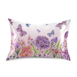 Satin Pillowcase for Hair and Skin Silk Pillowcase King Size Hydrangea Flower Floral Butterfly Pillow Cases Cooling Satin Pillow Covers with Envelope Closure