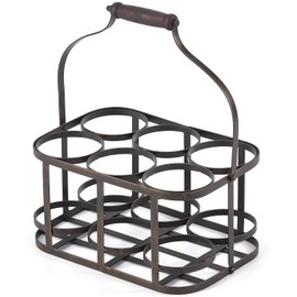 Metal Wine Bottle Carrier, 6 Bottle Wine Basket, Wine Caddy Rack with Wood Handle, Vintage Metal Wine Storage Basket Bottle Holder, Farmhouse Decorative Wine Display Stand for Bar BBQ Picnic Milk