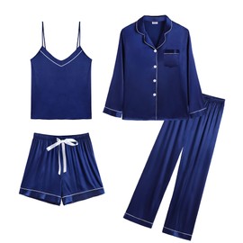 SWOMOG Women's 4pcs Satin Silky Pajama Set Long Sleeve Button Top with Long Pant Navy Blue