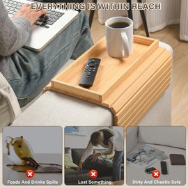 YUBAMIN Bamboo Sofa Arm Tray, Anti-Dropping Couch Arm Tray, Foldable Sofa Armrest Tray Couch Arm Table for Eats, Drinks, Snacks, Remote, Cellphone, Cup Holder, Back Anti-Slip Pad Design