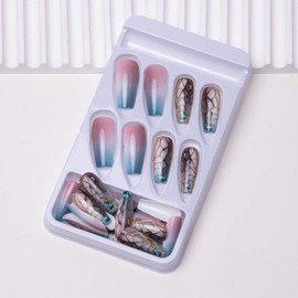 Press on Nails Long Coffin Fake Nails Gradient Blue Acrylic False Nails with Design Gold Line Geometric Glue on Nails Square Ombre Nails Press ons for Women Girls Manicure Nails Decoration 24pcs