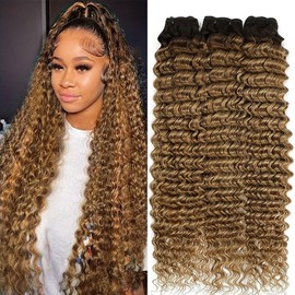 msVenus Ombre Human Hair Deep Wave Bundles T4/27# Brown to Honey Blonde Color Deep Curly Human Hair 3 Bundles For Women Wet and Wavy Bundle (26 28 30 Inches)