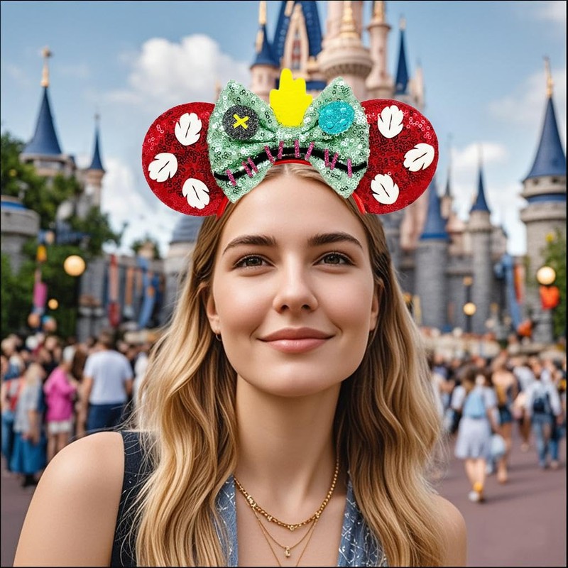 QHQ-SHININGLIFI Sequin Mouse Ears Headband with Alien Monster Bow, Red