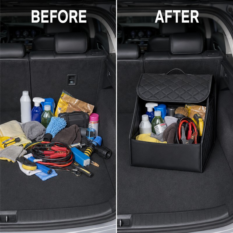 Foldable PU Leather Car Trunk Organizer with Lid, Large Capacity