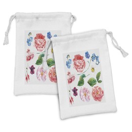 Ambesonne Floral Fabric Pouch Set of 2, Bouquet Set with Rose Daisy Petals and Branches Shabby Form Vintage Picture, Small Drawstring Bag for Toiletries Masks and Favors, 9" x 6", Pink and Green