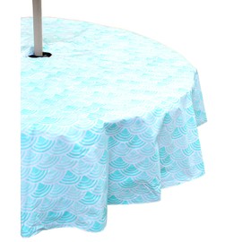 Serafina Home Elrene Summer Geometric Waves Umbrella Flannel Back Vinyl Tablecloths: Patio Table Umbrella Hole and Zipper Table Cover, 52" x 70" inch Rectangle (Water Blue)