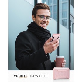 VULKIT Slim Card Holder Leather Bifold Card Wallet RFID Blocking for Men or Women Magnetic Closure Minimalist Bussiness Card Holder, Pink