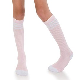juDanzy Tall Knee High Sport Socks with Stripes and Anti-Slip Grips for Kids Toddlers and Children (6-10 Light Pink/White)