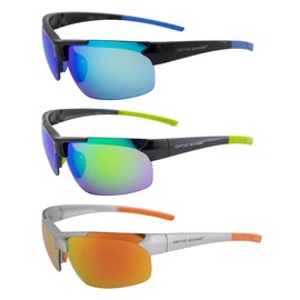 Optic Edge Frontrunner Sports & Motorcycle Sunglasses 3 Pairs Semi-Rimless Black Frame w/Blue Green & Orange Mirror Lenses