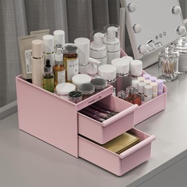 DancesCat Makeup Organizer Countertop, Vanity Organizer with Drawers for Cosmetics, Skincare, Brushes, Perfume, Skincare Organizer for Vanity, Perfume Organizer for Dresser, Bathroom (Pink&2 Drawers)