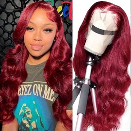ZGWG Red Frontal Wigs Human Hair 180% Density 13X6 HD Body Wave Lace Front Wigs Human Hair 100% Unprocessed Brazilian Hair Pre Plucked Hairline With Baby Hair(Burgundy, 28inch)
