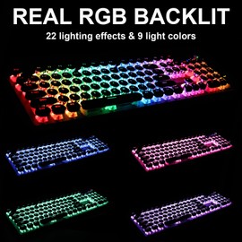 Typewriter Mechanical Gaming Keyboard and Mouse Combo, Rainbow RGB Backlit Wired Keyboards with Blue Switches Round Keycaps Media Control Knob for PC Computer