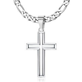 MILACOLATO 925 Sterling Silver Cross Necklace for Men Women, 5mm Durable Stainless Steel Diamond-Cut Figaro Chain with Big Beveled Edge Sterling Silver Cross Pendant, Mens Silver Crucifix Cross Necklaces Jewelry 26 Inches