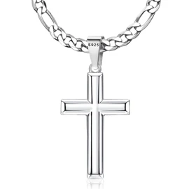 MILACOLATO 925 Sterling Silver Cross Necklace for Men Women, 5mm Durable Stainless Steel Diamond-Cut Figaro Chain with Big Beveled Edge Sterling Silver Cross Pendant, Mens Silver Crucifix Cross Necklaces Jewelry 26 Inches