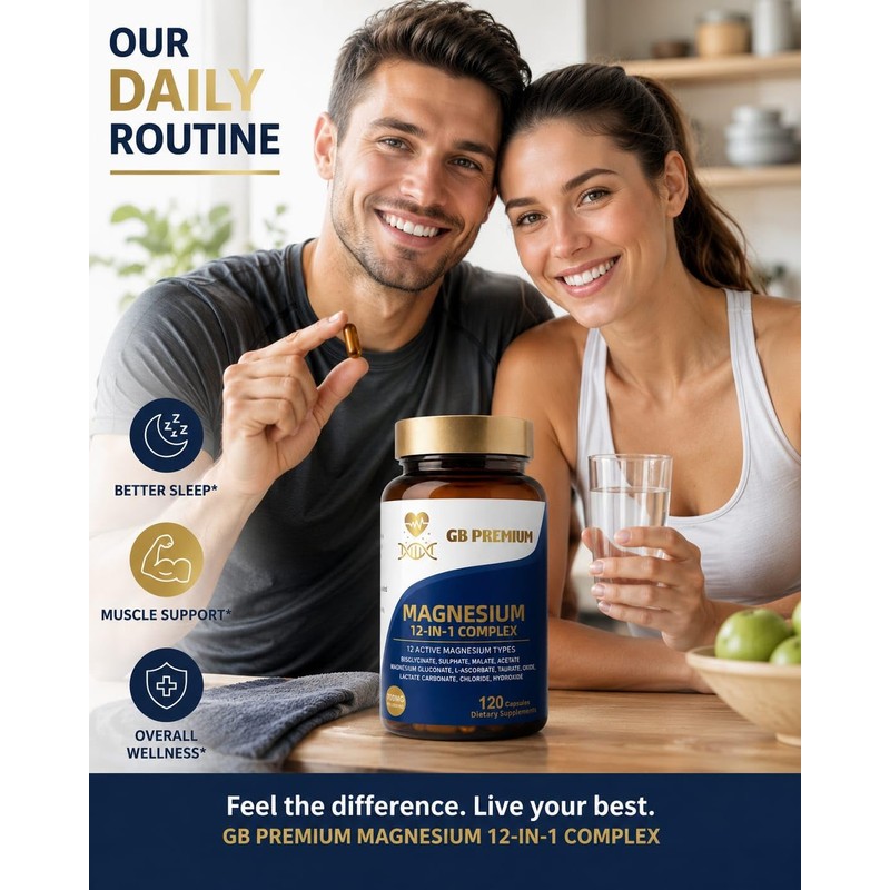 GB Premium Magnesium 12-in-1 Complex, 700mg per Serving, with Bisglycinate,