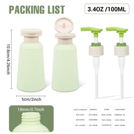 2 Pieces Empty Plastic Pump Bottles, Leakproof Travel Set with Interchangeable Flip Lid for Shampoo, Shower Gel & Hand Soap (Green, 100ml)