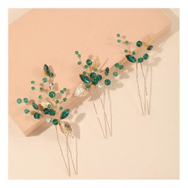 3PCS Bridal Hair Pin, Emerald Green Rhinestone Wedding Hair Accessories Gold Leaf Hair Pins U Shape Wedding Hair Clips Headpiece Hair Pieces for Brides Women Styling Wedding
