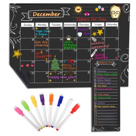 MoKo Magnetic Calendar for Kitchen Refrigerator, 16.73"x12" Dry Erase Monthly Calendar Planner and Grocery Shopping List with 8 Chalk Markers - Black