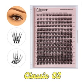 feinner DIY Lash Extension,  Lash Bond and Seal,Remover,Tweezer for Easy Apply Waterproof Long Lasting at Home,Soft Natural 0.07 D Curl 8-16mm Mix Makeup Eyelash Clusters:_Only Lash Classic 02 