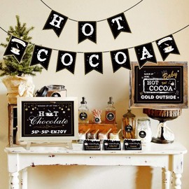 Omgouue Hot Cocoa Bar Kit - Christmas Party Decor - Black Letter Print - Includes Banner, Signs, Tent Cards, Cup Tags