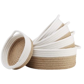 5Piece Round Small Woven Baskets Set, Cotton Rope Baskets for Organizing, Home Decor Coiled Baskets, Gift Basket Empty, Fruits Remotes Key Tray Baskets for Entryway Desk