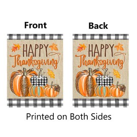 Happy Thanksgiving Garden Flag Double Sided Buffalo Plaid Check Pumpkin Maple Leaves Autumn Harvest Fall Welcome Garden Yard Decorations 12.5x18 Inch Seasonal Outdoor Flag (Happy Thanksgiving)