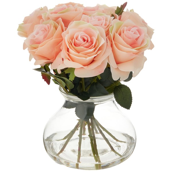 Nearly Natural 1367-PH Rose Arrangement with Vase, Peach