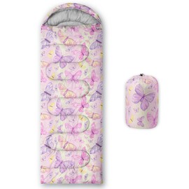 QOOMO Pink Butterfly Printed Camping Sleeping Bags,3 Season Warm & Cool Weather,Lightweight,Waterproof Sleeping Bags for Adults & Kids,Traveling,and Outdoors,Camping Gear Equipment,31x90inch