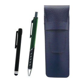 SASL-ALB-SI2067BP-G Grain Leather Pen Case Blue Metal Touch Stick Black and Metal Color Ballpoint Pen Green