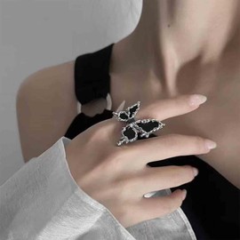 Aneneiceera Vintage Enamel Butterfly Rings Black Butterfly Finger Ring Gothic Asymmetrical Ankle Rings Punk Statement Ring Adjustable Exaggerated Rings Jewellery for Women and Girls, Zinc