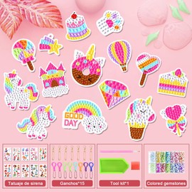 Kit de Pintura de Diamantes para Niños, 15 Pcs Llaveros de Kit Artesanía DIY, Pegatinas de Pintura de Diamantes con Herramientas, Set Artes y Manualidades, Regalos para Niñas Niños 5 6 7 8 9 10 Año