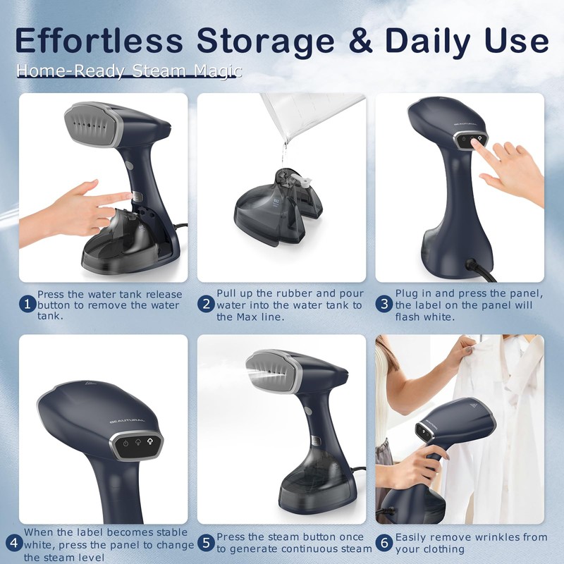 BEAUTURAL Handheld Garment Steamer for Clothes, Handheld steamer with Foldable