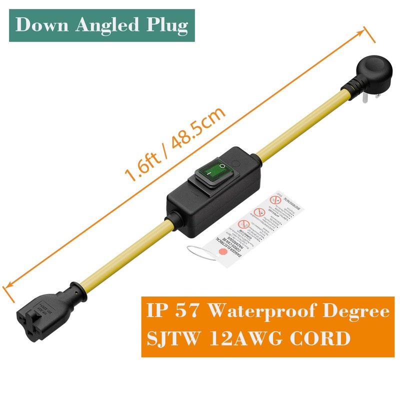 Heavy Duty SJTW 12AWG Outdoor Waterproof Extension Switch Cord, in-Line