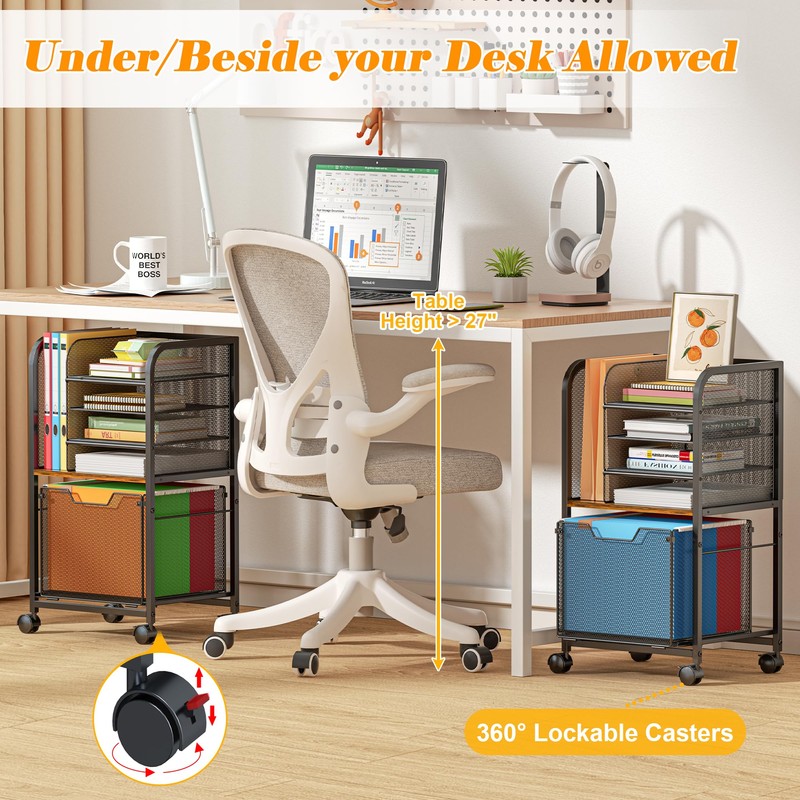 5-Tier Rolling File Cart with Drawers, File Cabinet Organizer for