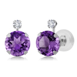 Gem Stone King 1.57 Cttw Round Purple Amethyst and White Diamond 14K White Gold Earrings For Women | Gemstone Birthstone | Round 6MM and 2MM