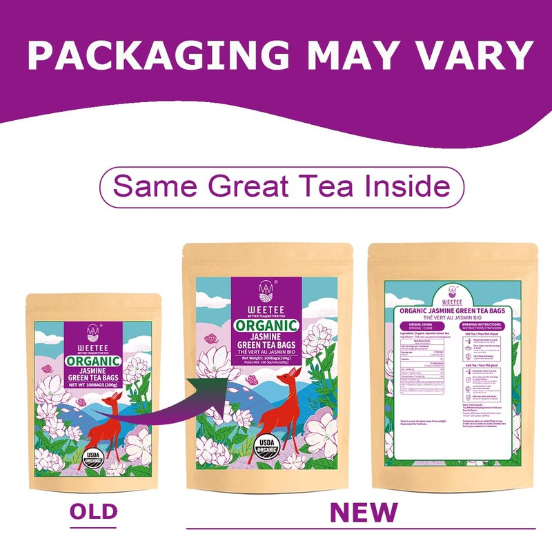 WT WEETEE Organic Jasmine Green Tea Bags, Organic Jasmine Scented