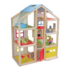 Melissa & Doug Wooden Hi-Rise Dollhouse with 15 Furniture Pieces, Garage, Working Elevator Preschool Dollhouse for Kids Ages 3+