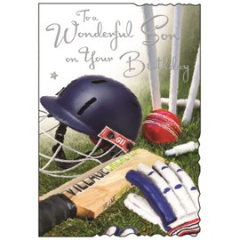 Jonny Javelin Son Birthday Card - Wonderful Son - Sporty Cricket Design - Special Finishes and Illustrated Insert Leaf - Made in the UK, 228 x 158mm