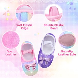 SlowTon 2 Pairs Girls Glitter Ballet Shoes, No-Tie Soft Leather Sole Dance Slippers, Cute Ballet Flats for Toddlers Kids Ages 2-6