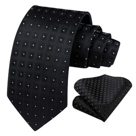 HISDERN Men's Ties Black Plaid Dots Ties and Pocket Squares Set Classic Silk Woven Checkered Neckties Funeral Formal Business Necktie Handkerchief