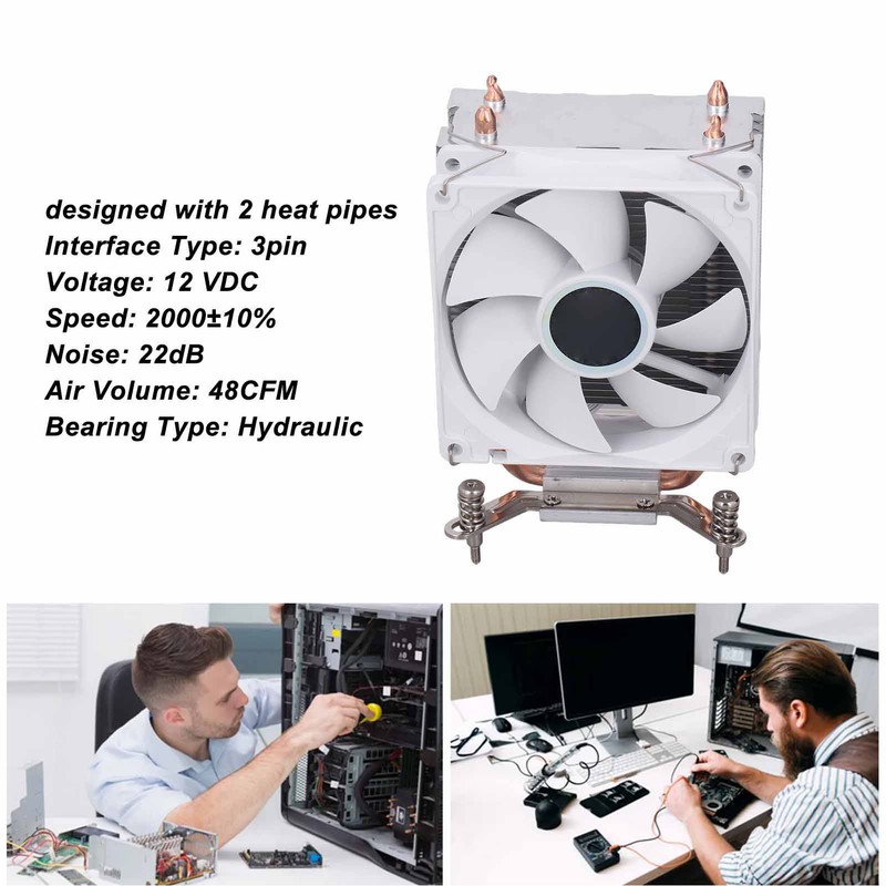 CPU Cooling Fan 3.54in 2 Heat Pipes 3pin 12VDC 2000RPM