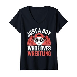 Womens Just A Boy Who Loves Wrestling Entertainment Kids V-Neck T-Shirt
