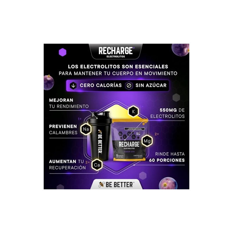 Be Better RECHARGE, Electrolitos En Polvo 60 Porciones, Sabor Uva,
