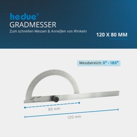 hedue® Degree Gauge 120 mm - Protractor Metal with Measuring Range 0-180°, Angle Gauge Made of Matt Chrome-Plated Steel, Marking Angle
